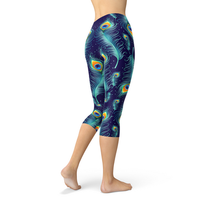 Blue Peacock Feathers Capri Leggings