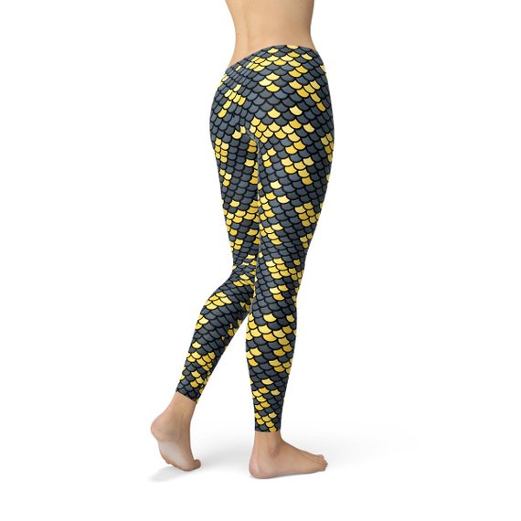 Mermaid Leggings with Dark Gray and Yellow Fish Scales