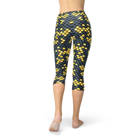 Mermaid Capri Leggings with Dark Gray and Yellow Fish Scales