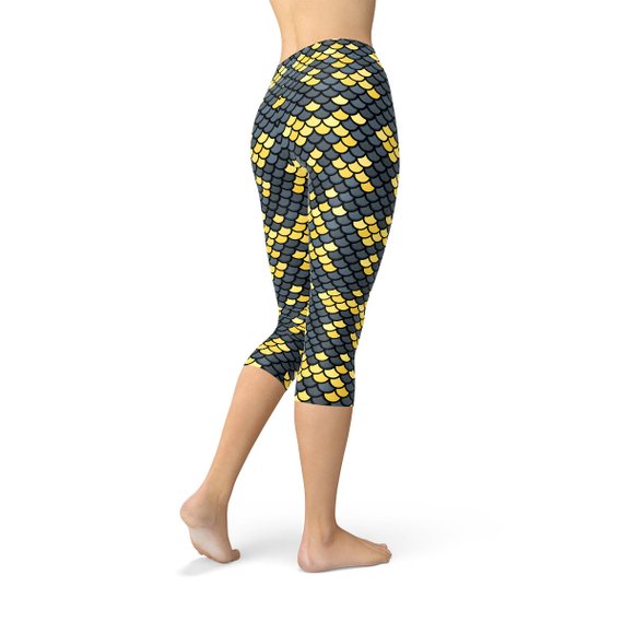 Mermaid Capri Leggings with Dark Gray and Yellow Fish Scales