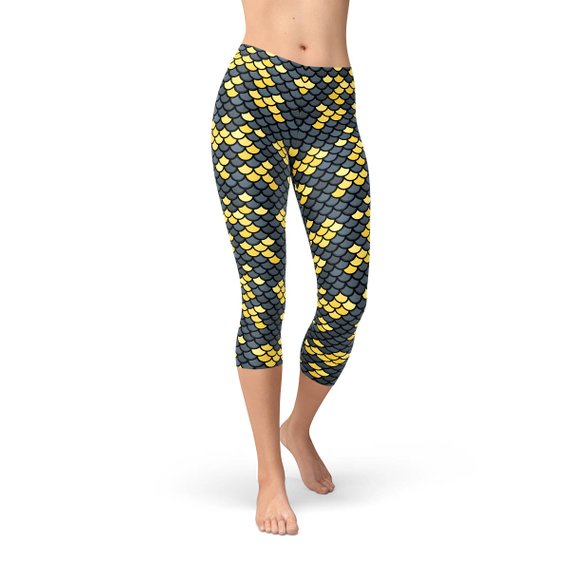 Mermaid Capri Leggings with Dark Gray and Yellow Fish Scales