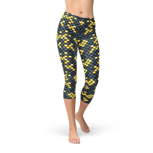 Mermaid Capri Leggings with Dark Gray and Yellow Fish Scales