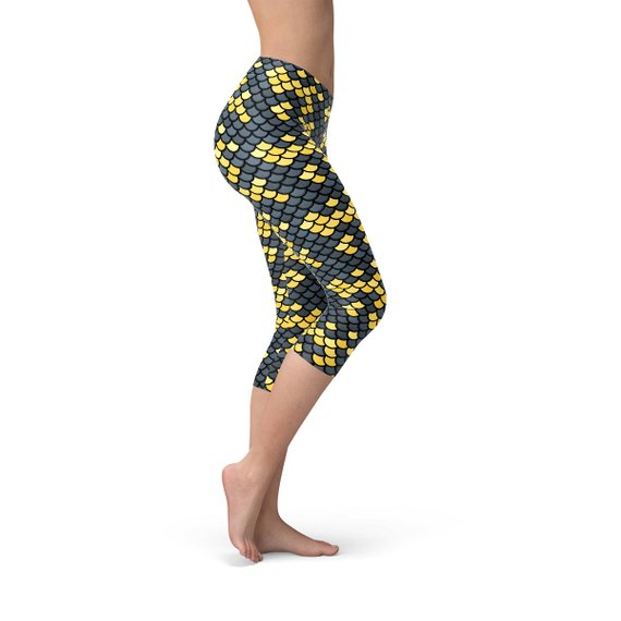 Mermaid Capri Leggings with Dark Gray and Yellow Fish Scales