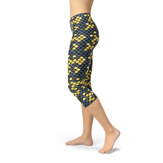 Mermaid Capri Leggings with Dark Gray and Yellow Fish Scales