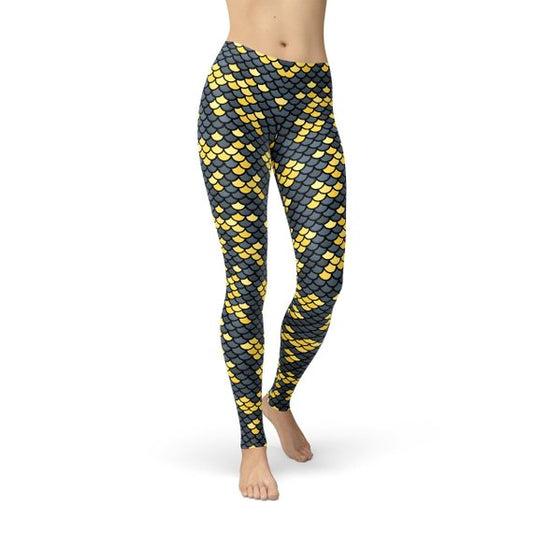 Mermaid Leggings with Dark Gray and Yellow Fish Scales